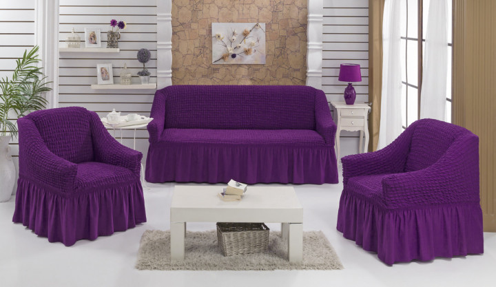 Чехол натяжной диван и два кресла накидка мягкой мебели с юбкой съемный пурпурный Home Collection Evibu Турция, фото 1