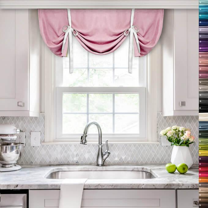 Коротка щільна занавіска для кухні/ванної в римському стилі з бантиками 100х80 см, рожева шторка