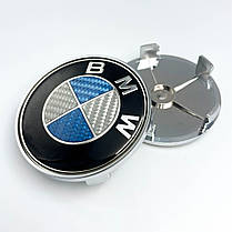 Ковпачки (заглушки) в литі диски BMW (БМВ) 68 мм Синий Карбон (Справжнє вуглецеве волокно), фото 3