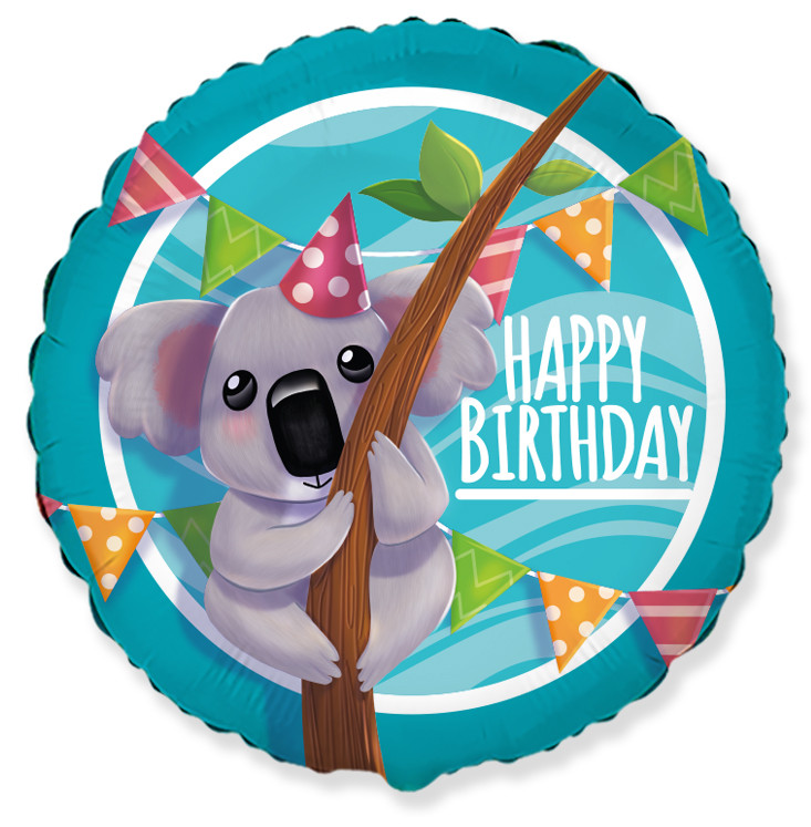 Куля фольгована кругла "Happy Birthday" коала (Flexmetal)