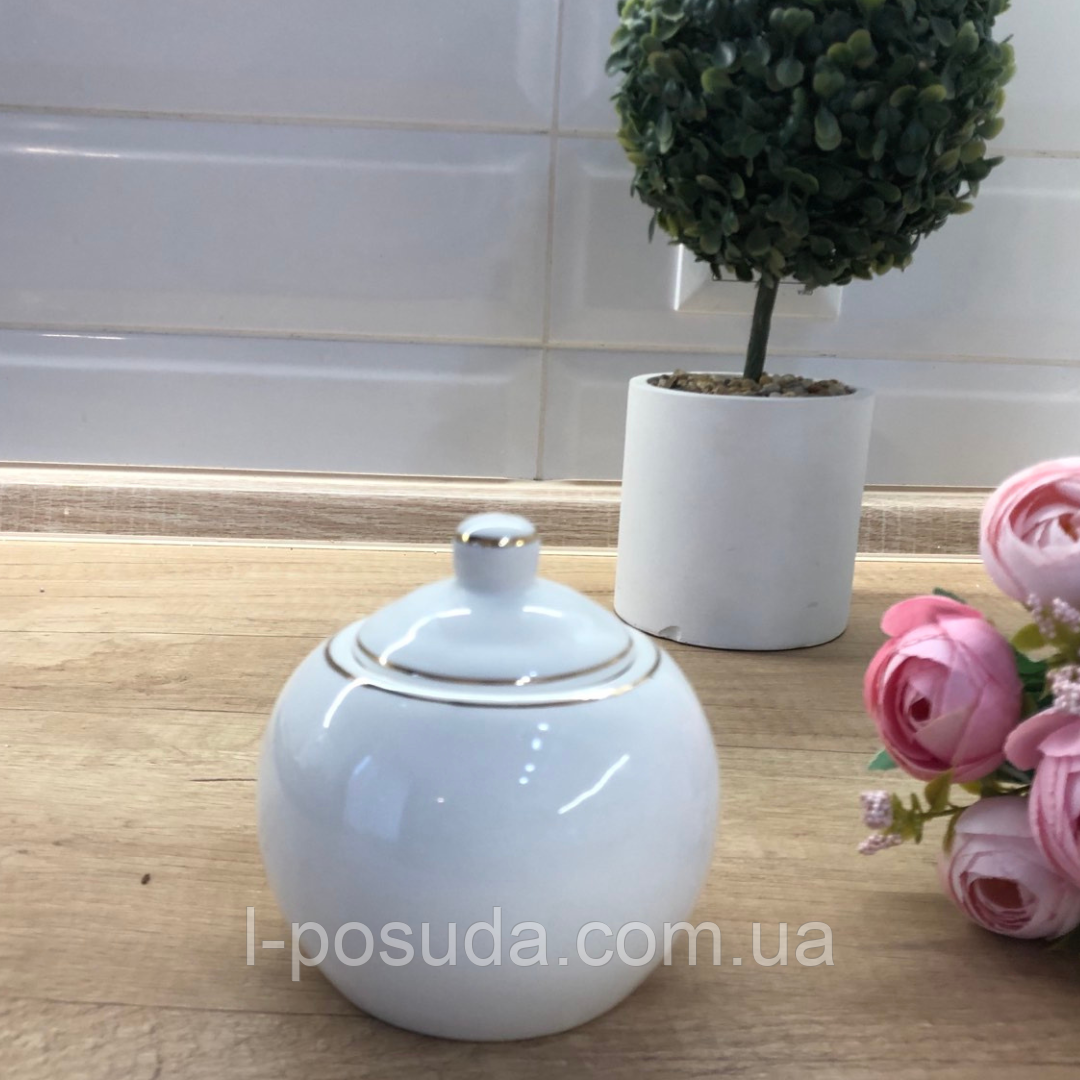 Кругла цукорниця з білої порцеляни 400 мл із золотим кантом, фото 1