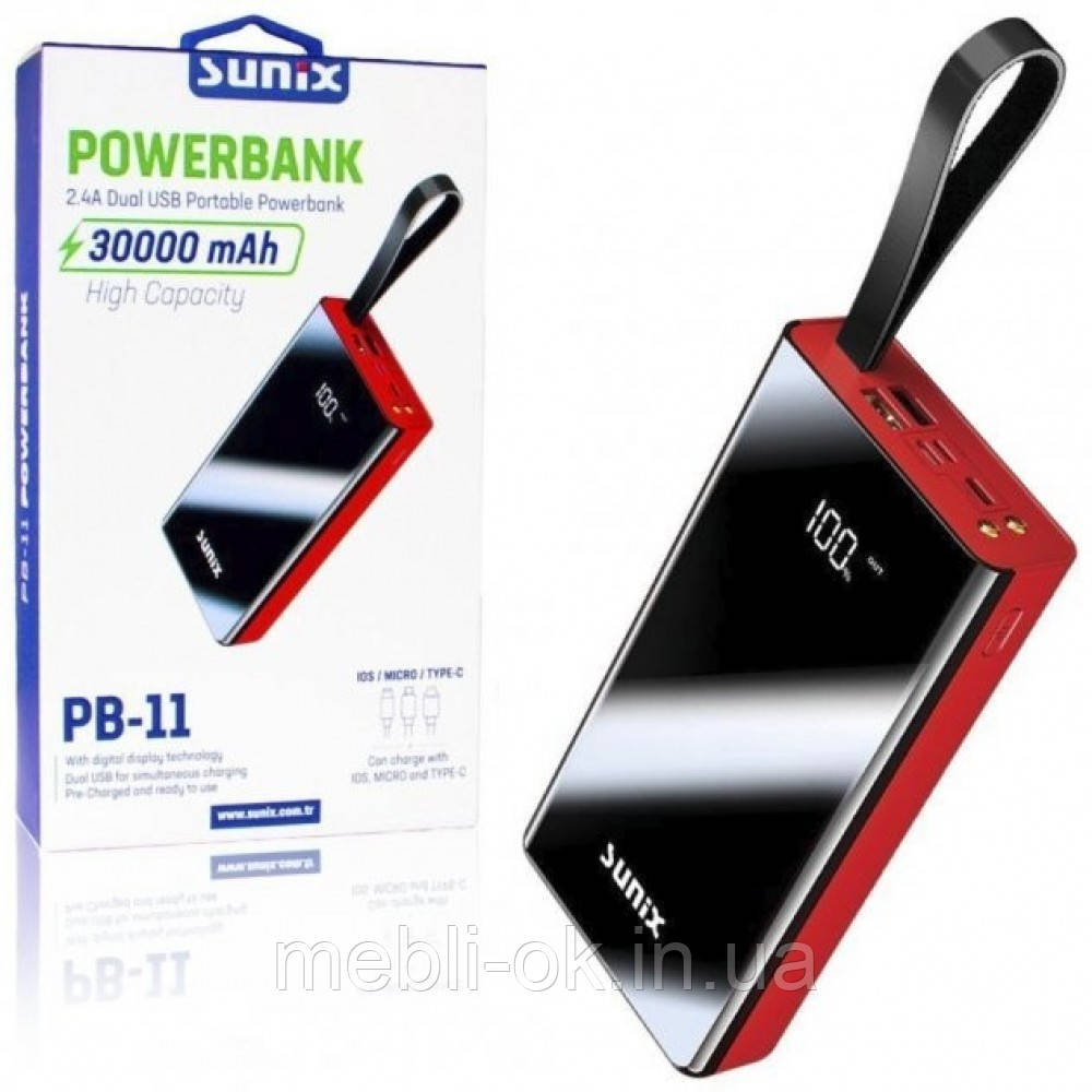 Повербанк SUNIX 30000 mAh з підсвіткою та індикатором заряду Чорний з червоним - фото 1 - id-p1744082144