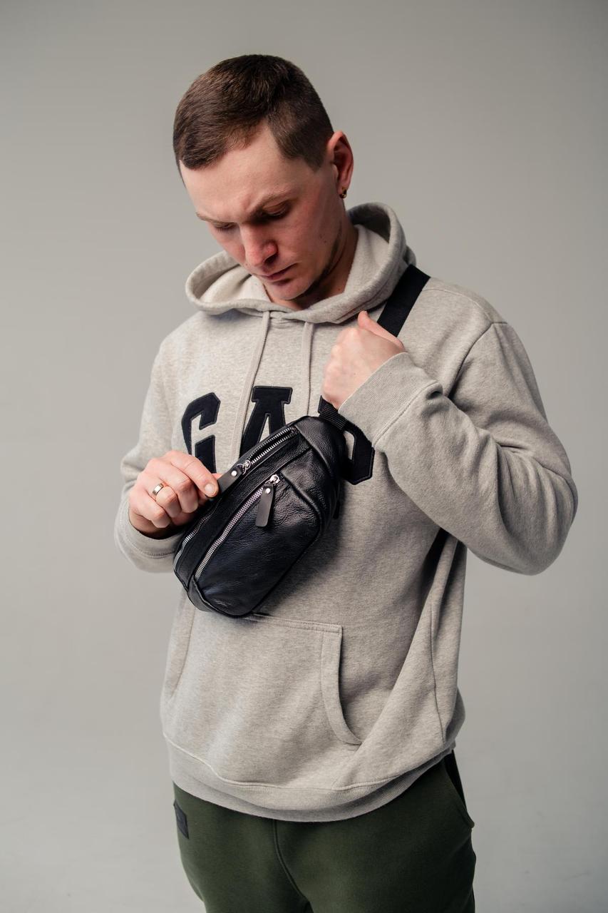 Чоловіча шкіряна бананка чорна сумка на пояс ⁇ Сумка через плече з натуральної шкіри, фото 1