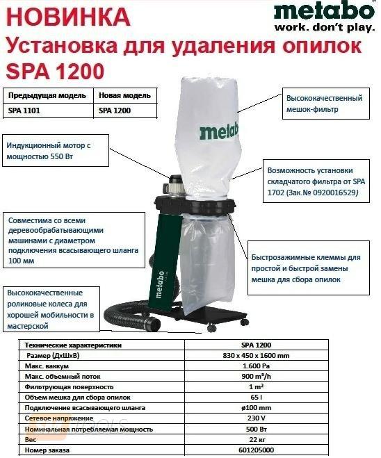 Купить Стружкоотсос Metabo SPA 1200 (0.55 кВт, 65 л) Аспирация Вытяжная ...