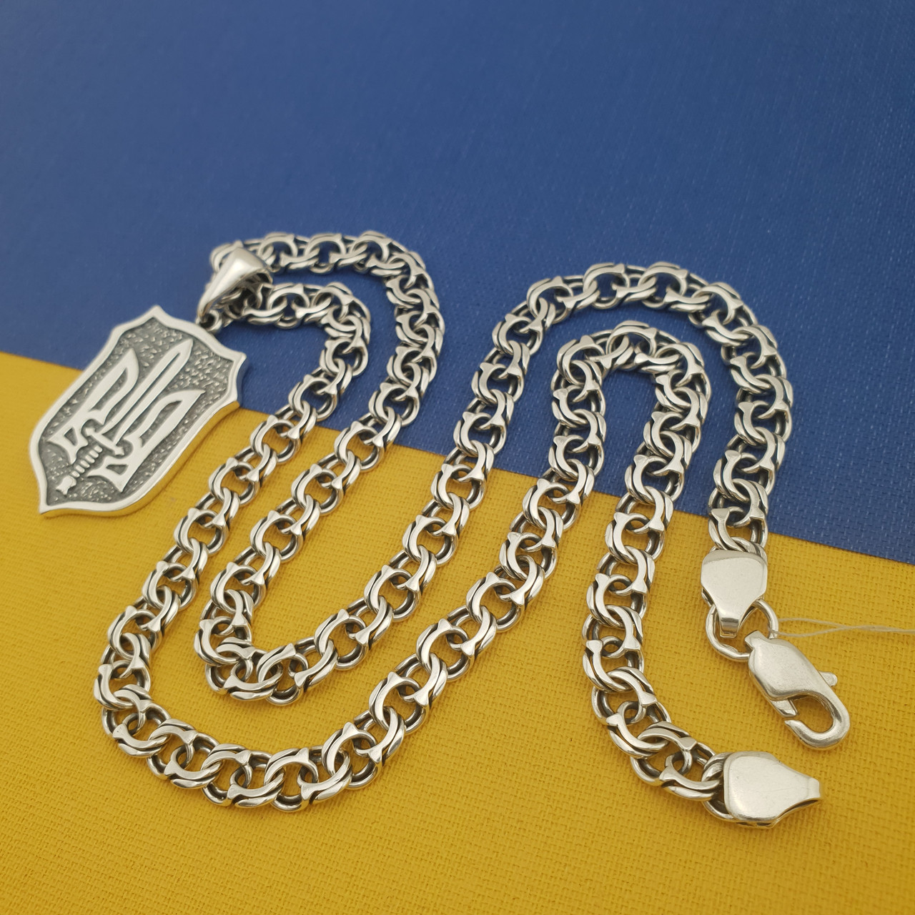 Срібний ланцюжок чоловічий із кулоном герб, товстий ланцюг на шию чоловіча, підвіс щит і меч 60 см, фото 1