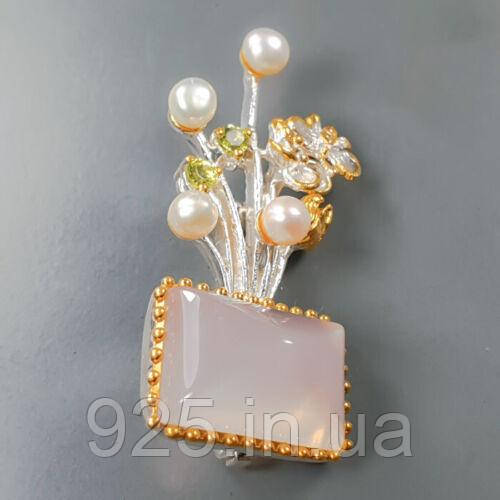 Handmade!!! Брошка. Натуральний рожевий кварц, периди та перидот. Срібло 925., фото 1