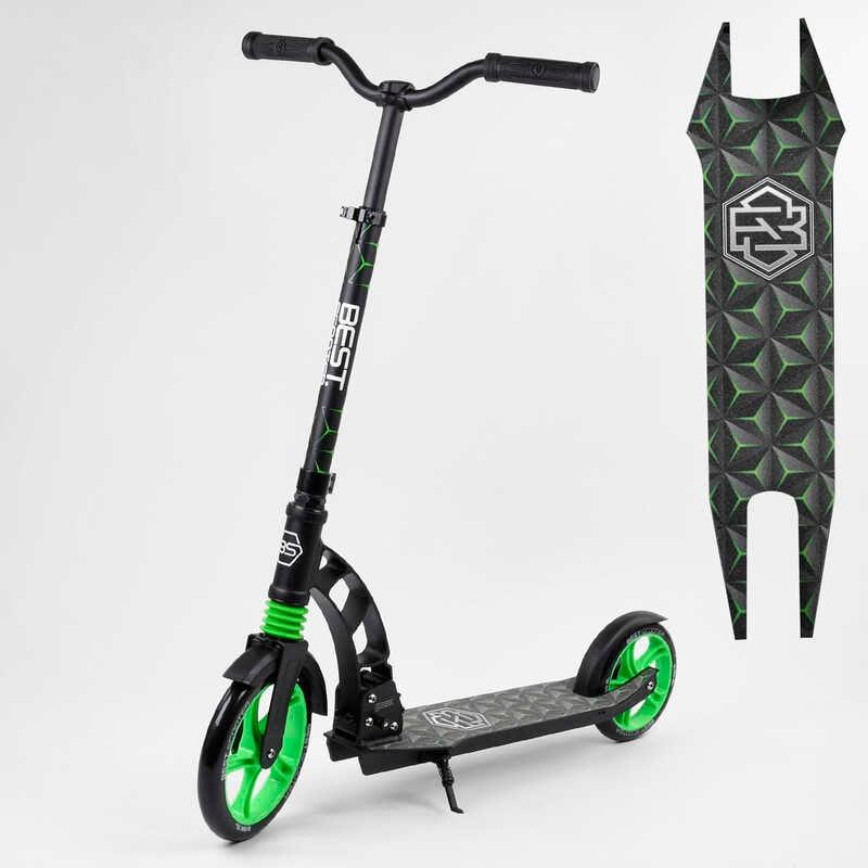 Самокат двоколісний Best Scooter 62798 Чорно-зелений, з колесами PU 230/180 мм, амортизація, кермо 360°, до 100, фото 1