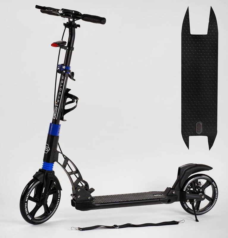 Самокат двоколісний Best Scooter D-19055 Чорно-синій з ручним гальмом, фарою, амортизацією, PU 23см/20см, фото 1
