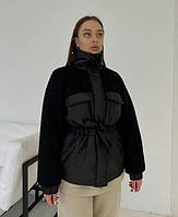 Женская куртка зимняя комбинированная размер Оверсайз с элементами овчины под пояс L/XL