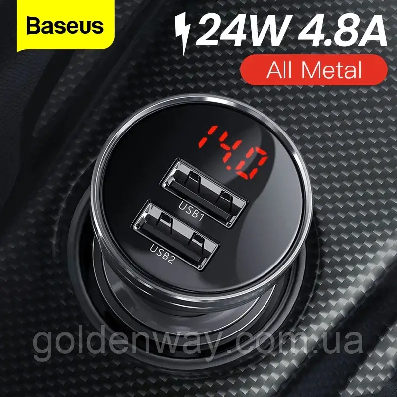 Автомобільний зарядний пристрій із вольтметром BASEUS Digital Display Dual 2 USB 4.8 A 24 W Black, фото 1