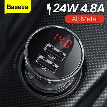 Автомобільний зарядний пристрій із вольтметром BASEUS Digital Display Dual 2 USB 4.8 A 24 W Black