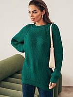 Женский свитер Соня вязка зелёный резинка с круглой горловиной свободный удлинённый размер 42-48 шерстяной