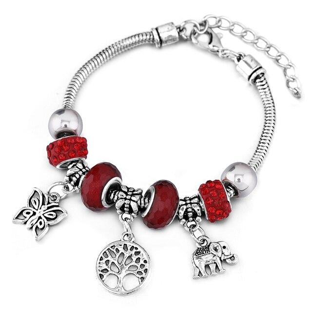 Браслет набір Liresmina Jewelry "Магія Природи" з 9 штук шармиками Метелик Дерево життя і слон з хоботом вгору