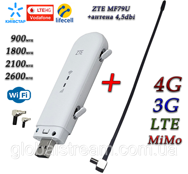 Мобільний модем 4G-LTE/3G Wi-Fi Роутер ZTE MF79u + антена 4G(LTE) на 4,5db (укр+рос меню)