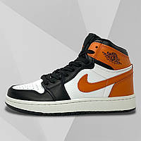 Кроссовки подростковые Nike Air Jordan 1 из натуральной кожи черно-белые оранжевые высокие деми осень/весна