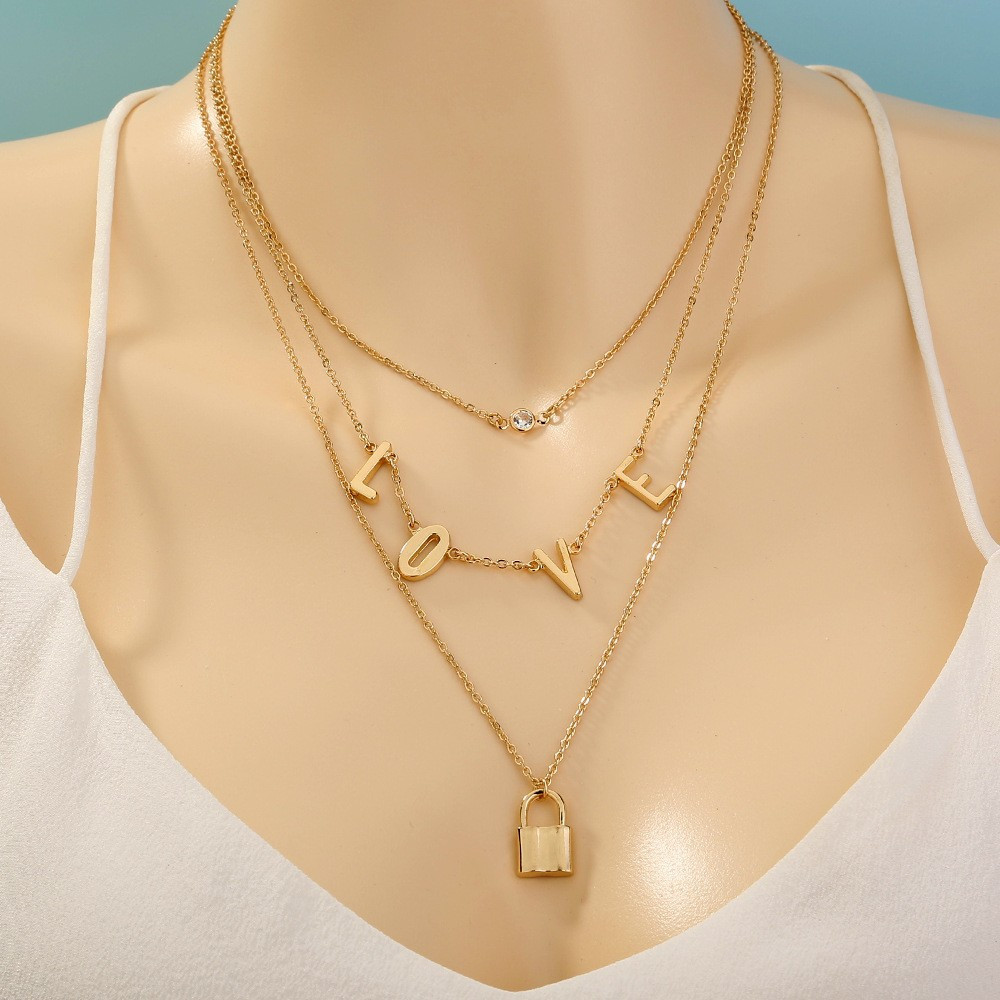 Ланцюг на шию потрійний,LOVE,кольє,підвіска,золотистий,FS-1644