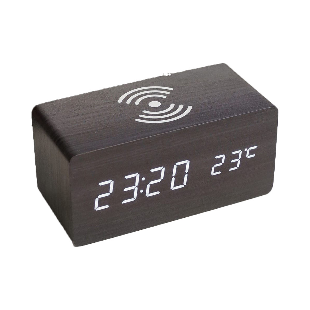 Годинник LED з бездротовою зарядкою Qinetiq Wood-Clock 1000 10W чорний, фото 1