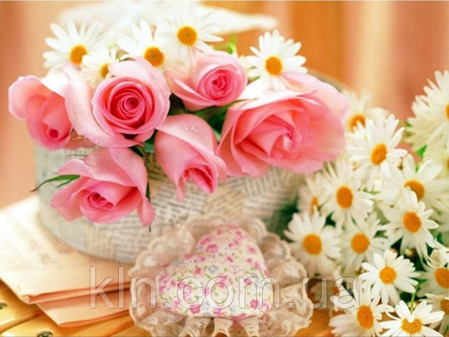 Алмазна вишивка Троянди і ромашки для тебе KLN 40 х 30 см (арт. FS167) повне заповнення, фото 1