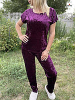 Пижама женская велюровая футболка со штанами однотонная 44-54р.