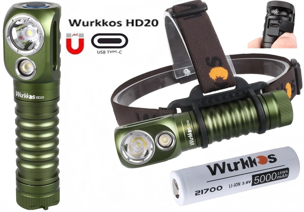 Налобный Фонарь WURKKOS HD20 GREEN + 5000mAh Аккумулятор (2000LM, USB ...