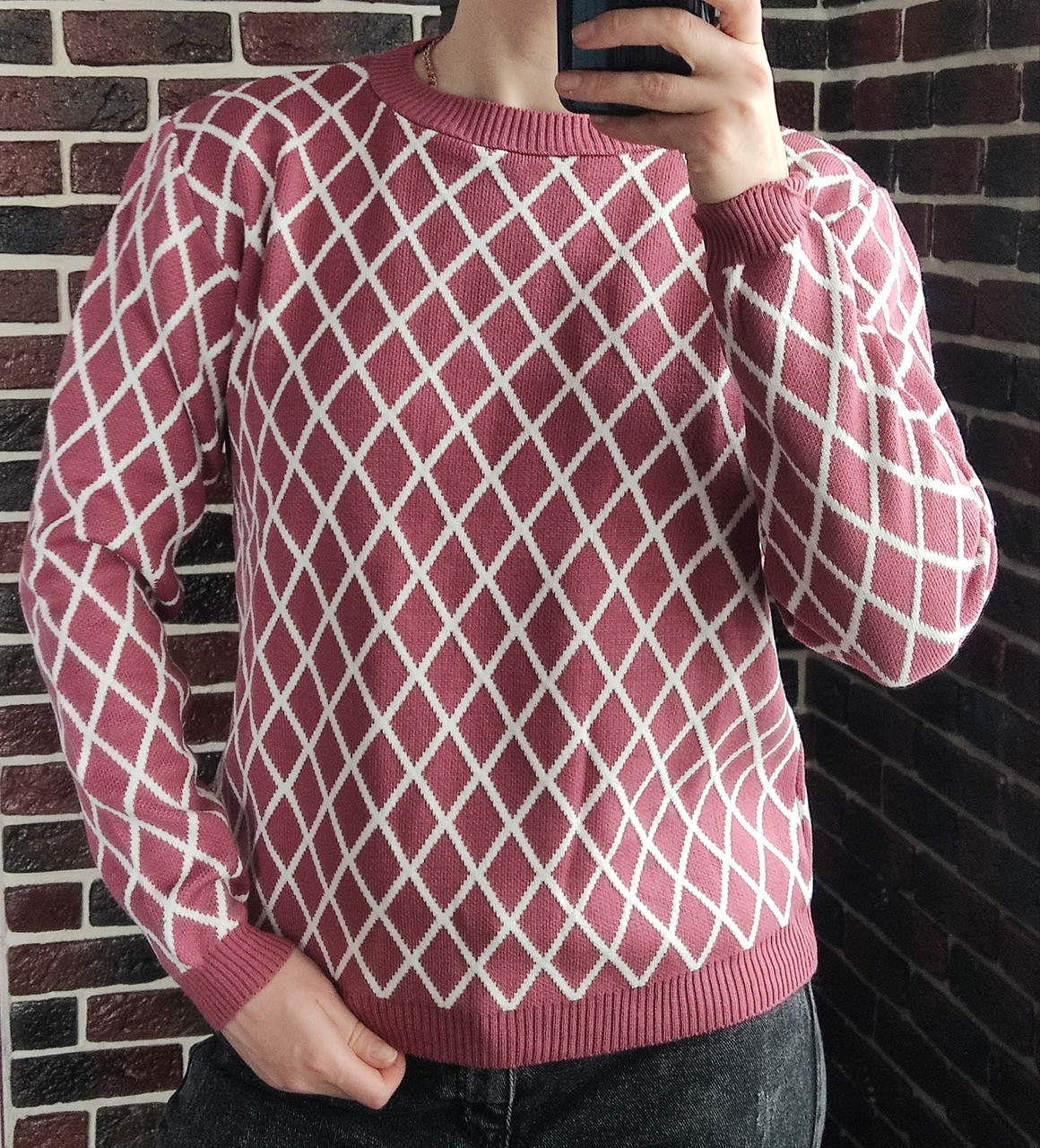 Темно-рожевий стильний светр в ромб- турецька якість