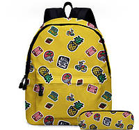 Рюкзак із пеналом жовтий Ананаси, портфель шкільний, унісекс