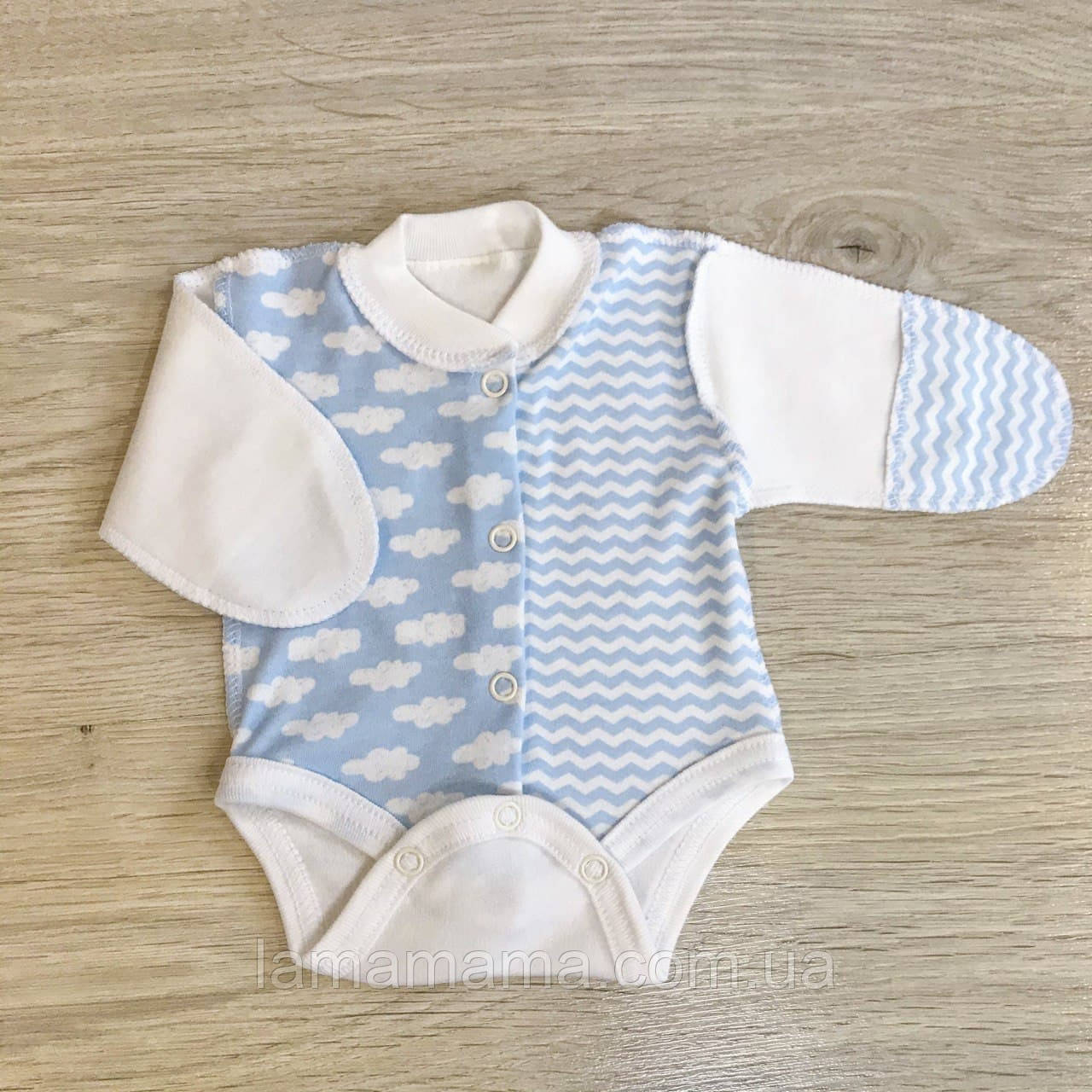 Боді з довгим рукавом для передчасно народжених дітей і дітей з малою вагою Хмаринки Блакитний Інтерлок BetiS, фото 1