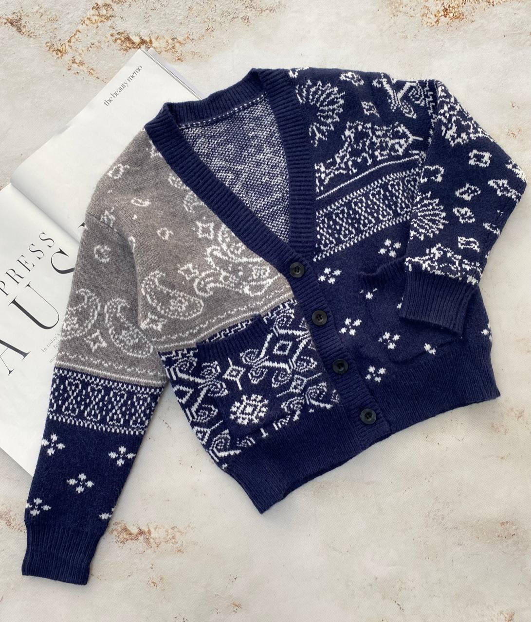 Дитяча в'язана кофта з візерунками Синя 21337 68, Mamamia, Синий, Унисекс, Осень Зима, 4 года, фото 1