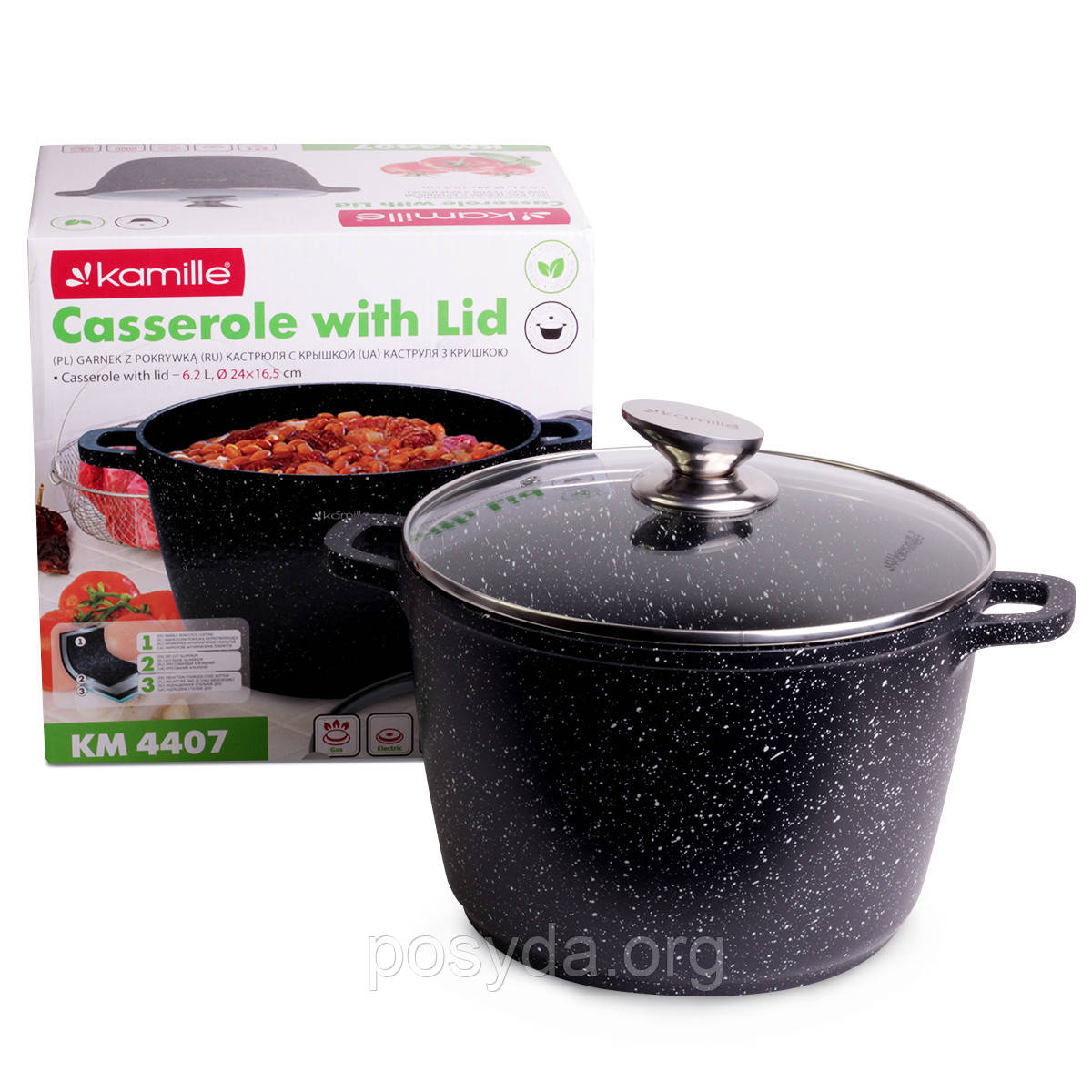 Каструля з кришкою Kamille 6.2л з литого алюмінію з антипригарним покриттям і для індукції і газу KM-4407, фото 1