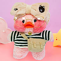 Плюшева качка в окулярах Lalafanfan "Рожева в тільнику" 30 см, мила іграшка качка (качка лалафанфан)