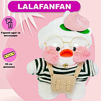 Іграшка качечка Біла Lalafanfan "Тільник, обідок з персиком" 30см, плюшева качка лалафанфан в окулярах