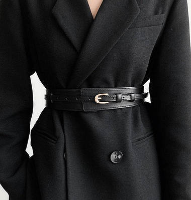 Ремінь жіночий подвійний вузький ремінець на пальто плащ піджак сукня блузку еко-шкіряний пояс батал Чорний