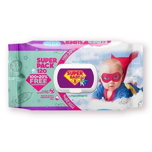 Дитячі вологі серветки Super Baby "Ромашка і алое вера", 120 шт