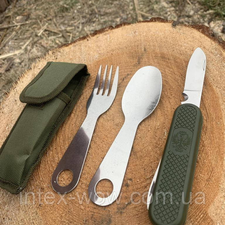 Похідний набір столових приборів (ложка,виделка, ніж) для солдатів, мисливців, рибалок