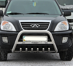 Передній захист кенгурятник з лого WT004 (нерж.) Chery Tiggo 2005-2013