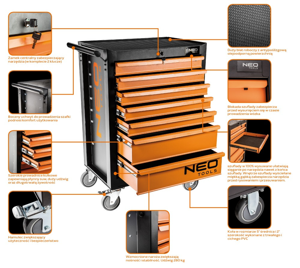 Neo Tools 84-222 Тележка для инструмента, 7 ящиков, 680x460x1030мм, грузоподъемность 280 кг, стальной корпус - фото 2 - id-p1745328413