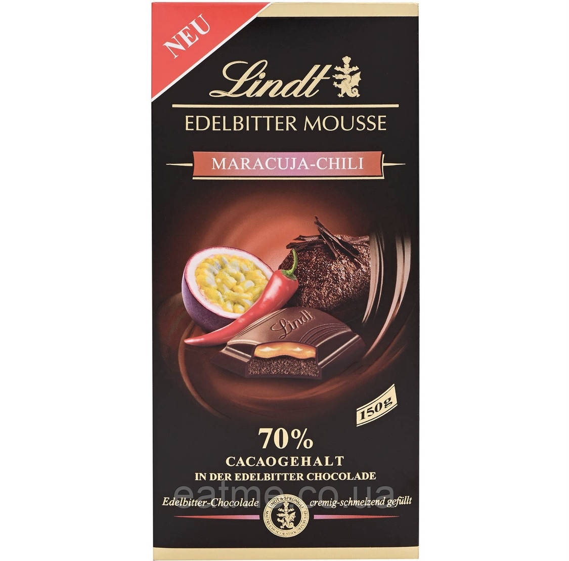 Lindt Чорний шоколад 70% какао з шоколадним мусом, маракуйєю і перцем Чилі  150g