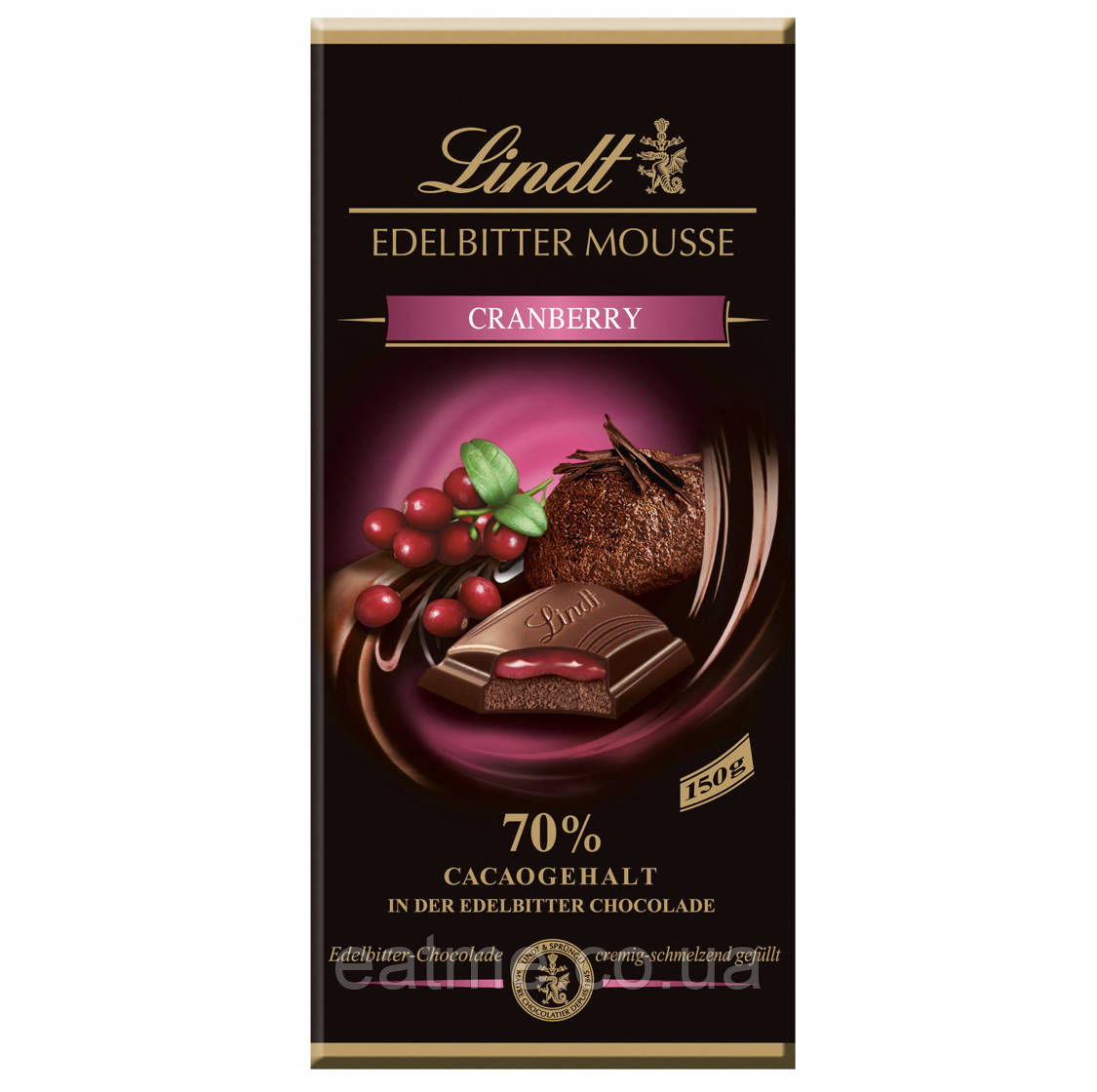 Lindt Чорний шоколад 70% какао з шоколалним мусом і клюквою 150g