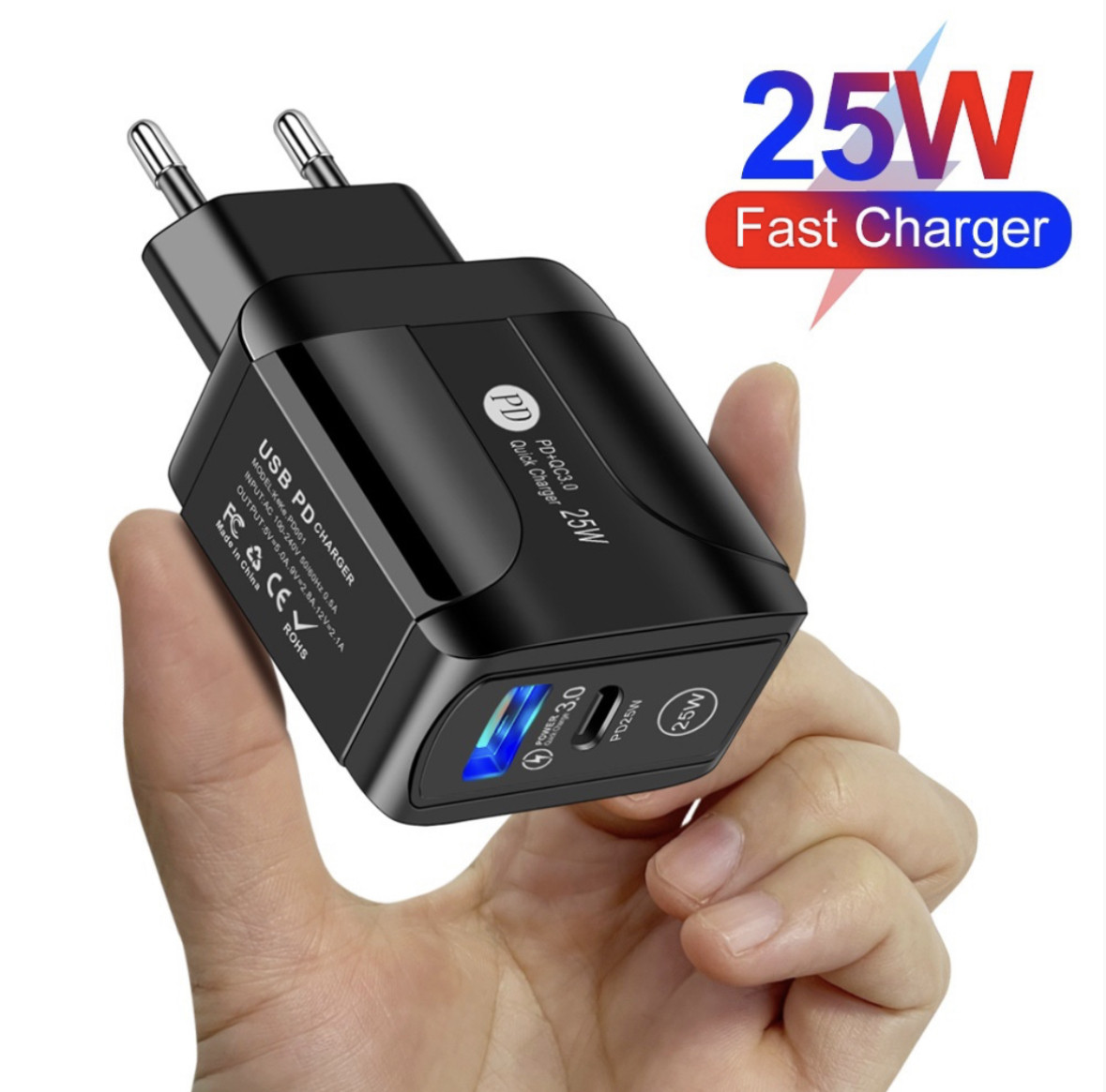 Мережевий зарядний пристрій на два порта 25W PD + Quick Charge 3.0 для швидкої зарядки (чорний)
