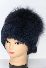 Жіноча шапка з хутра кролика та чорнобурки синій колір