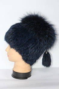 Жіноча шапка з хутра кролика та чорнобурки темно-синя
