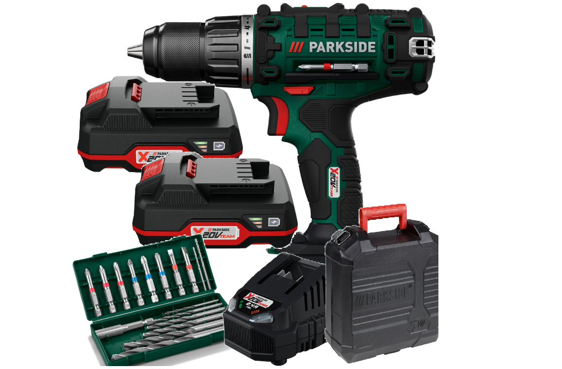 Акумуляторний шуруповерт Parkside X20V2022/2 20 В 2 батарейні біти PARKSIDE чохол для зарядки