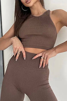 Спортивний жіночий топ в рубчик S/M, Коричневий (Мокко)