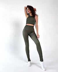 Комплект: лосини з ефектом пуш-ап та топ в рубчик S, Хакі з моделюючим швом ззаду