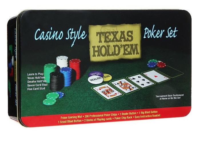 Набор для игры в покер Texas Hold`em 200 фішек з сукном (жестяная коробка)
