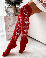 Эксклюзивные женские гетры с новогодним рисунком выше колена красного цвета,высота 60 см