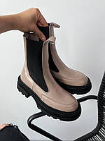 Челси ботинки женские кожаные демисезонные, натуральная кожа, на байке, Бежевый & черные вставки, 39