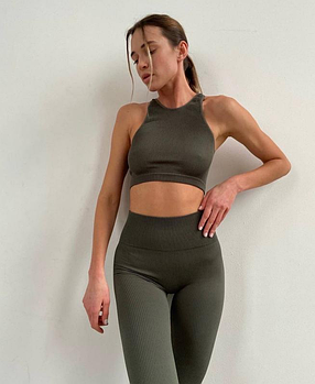 Спортивний жіночий топ в рубчик S/M, Хакі