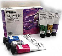 Акрилові фарби для малювання 6 кольорів, по 75 мл, пастель у тюбиках Глітер блискітки Art Rangers