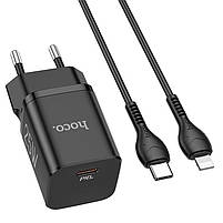 Мережевий зарядний пристрій Hoco N19 Rigorous Type-C 25W та кабель Type-C to Lightning Black, фото 3